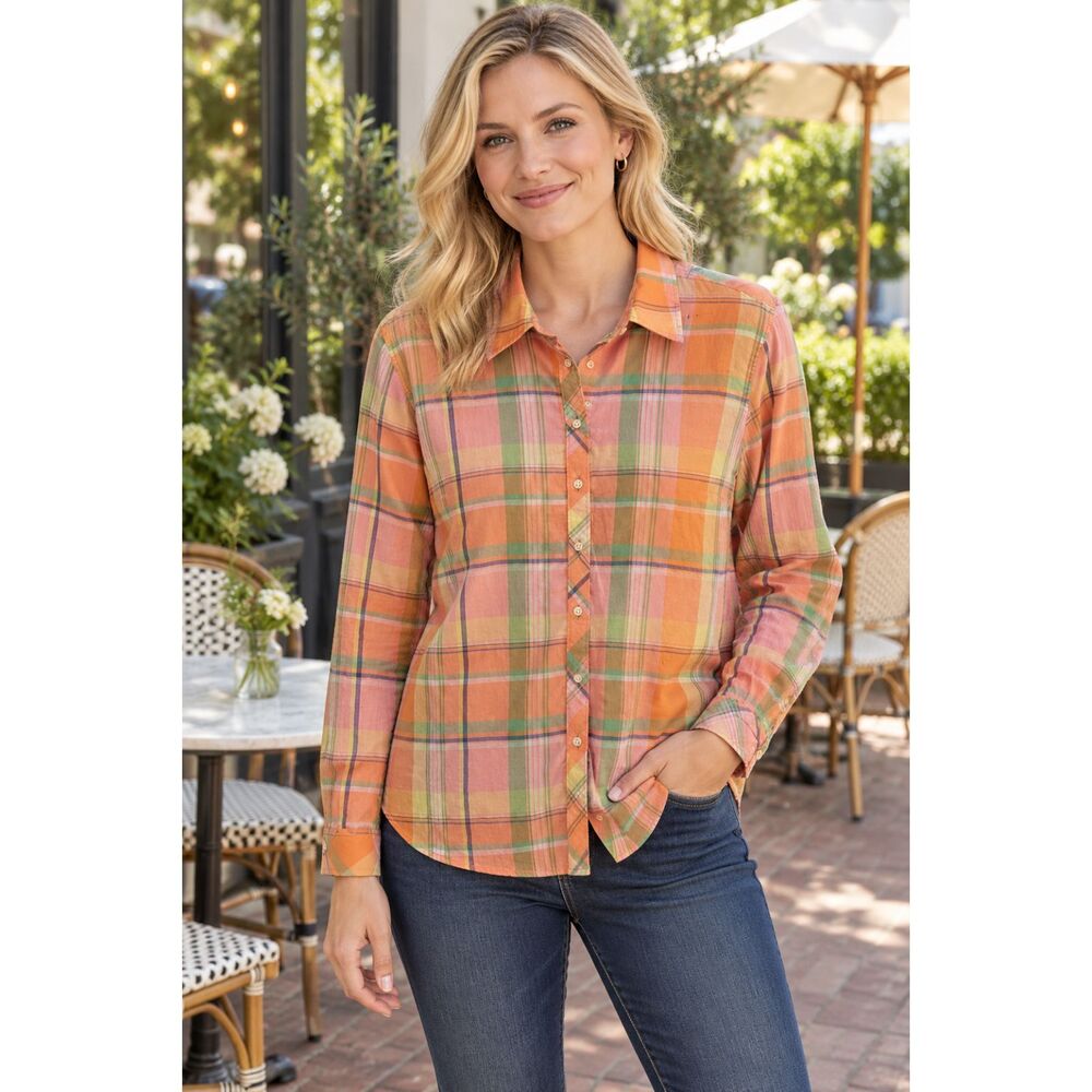 Talbots Womens Peach Pink Cotton Madras Plaid Button Up Shirt Blouse Large